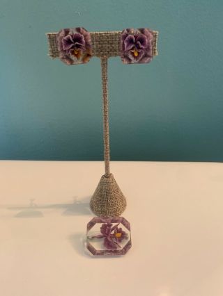 Vintage Reverse Carved Lucite Purple Flower Brooch Pin Earrings Set Kk3