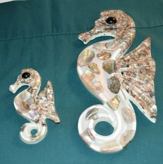 Vintage Set 2 Lucite And Abalone Seahorse Wall Plaques Design Gifts