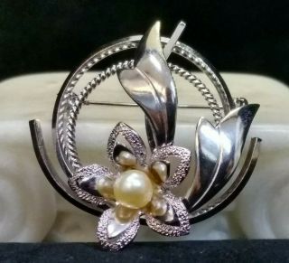 " Look " Vintage Sterling Silver Pearl Rose Modernist Circle Brooch Pin K
