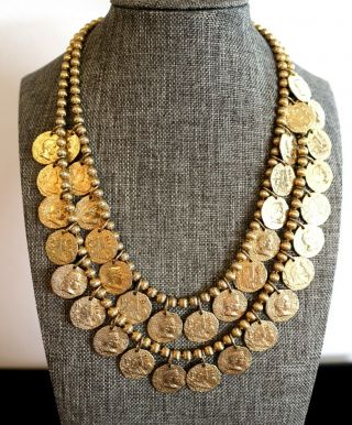 Vintage Gold - Tone Roman Coin Theme Necklace & Earring Set 16 "