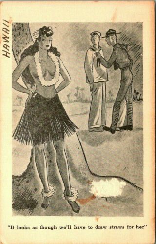 Vintage Wwii Postcard Sailor & Soldier Hawaii Topless Hula Girl " Draw Straws "