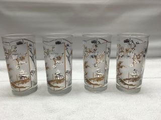 Vintage Libbey Asian Themed Glasses Set 4 Gold Frosted Mid Century
