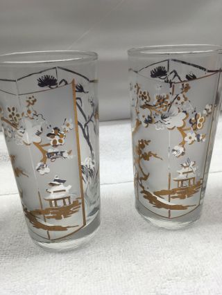 Vintage Libbey Asian Themed Glasses Set 4 Gold Frosted Mid Century 2