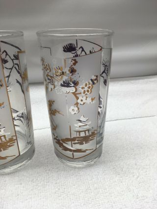Vintage Libbey Asian Themed Glasses Set 4 Gold Frosted Mid Century 3
