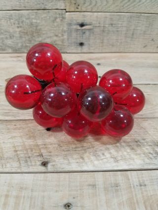Vintage Small Red Lucite Acrylic Grape Bunch Cluster With Wood Stem