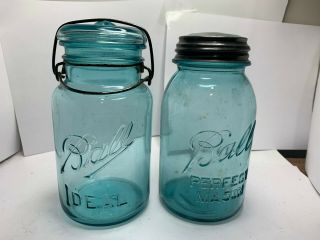 2 Vintage Ball Jars - Blue Perfect Mason W/zinc Lid & Ball Ideal W/ Glass Lid
