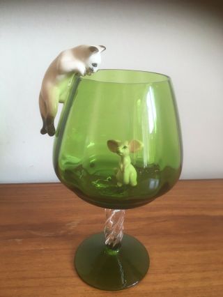 Small 1960/70’s Retro Green Glass Brandy Balloon With Cat & Mouse