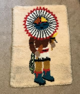 Vintage Kachina Native American Latch Hook Wall Hanging Completed Rug Retro 35 "