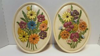 2 Vintage Oval Atlantic Mold Floral Ceramic Multi - Colored Plates 70s