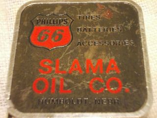 VINTAGE ADVERTISING PHILLIPS 66 SLAMA OIL COMPANY BARLOW METAL MINI TAPE MEASURE 3
