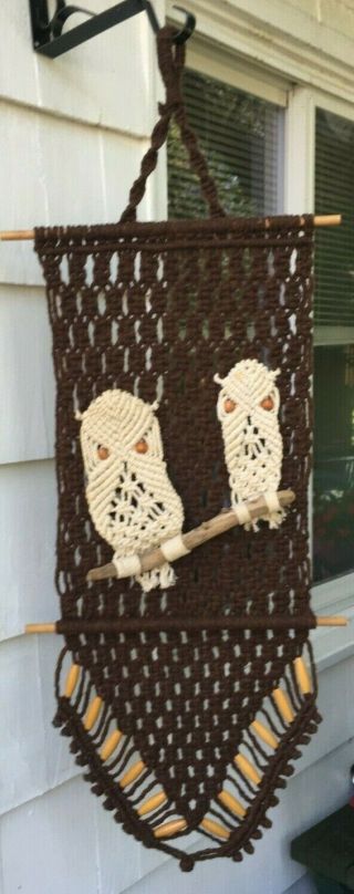 Vintage Macrame Owl 46 " Wall Hanging Jute Bead Eyes Twig Accents Home Retro