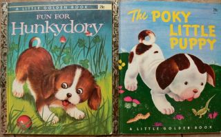2 Vintage Little Golden Books Fun For Hunkydory,  The Poky Little Puppy Great