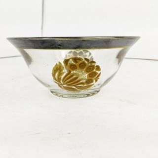 Georges Briard Glass Bowl Vintage Mid Century Signed Floral Silver Trim