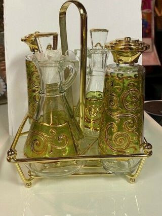 Vtg Oil & Vinegar Salt & Pepper Glass Cruet Set Holder Green And Gold