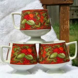 Three Holt Howard Pedestal Coffee Mugs Mid Century Orange Red Green Floral Desig