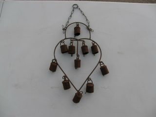 Antique Vintage Rustic Heart Shaped Wind Chime Garden,  Porch,  Tree,  11 Cow Bells