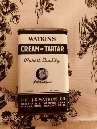 Vintage Watkins Cream Of Tartar Spice Tin 4 Oz Full 3 1/8 " Jr Watkins Co