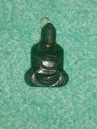 Vintage Carved Green Jade Buddha With 14k Gold Wire Pendant 6 Grams