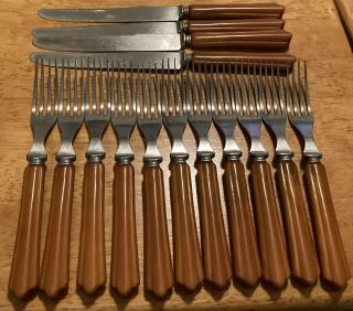 Vintage Stainless Flatware W/ Butterscotch Bakelite Handles 11 Forks 4 Knives