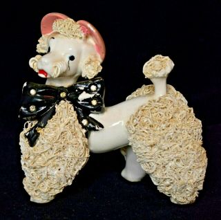 Mid - Century Spaghetti Poodle With Pink Hat And Jeweled Bow Vintage 4.  75 In.  Tall