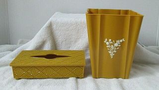 Vintage Mid Century Harvest Gold Plastic Trash Can & Tissue Holder