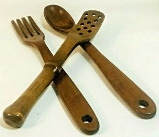 Large Vintage Wood Carved Spoon,  Fork,  15 X 2 In & Spatula 12 X 2 In - Wall Decor