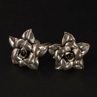 Vtg Sterling Silver - Flower Floral Solid Screw Back Earrings - 6.  5g