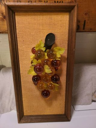 Mid Century Framed Acrylic Lucite Grape Cluster Wall Hanging Vtg Plaque Amber
