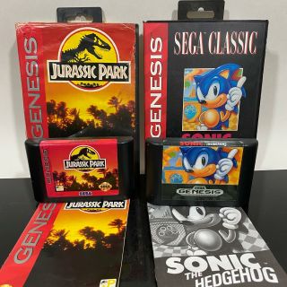 Vtg Sega Genesis Jurassic Park & Sonic Hedgehog Video Game Cartridge -