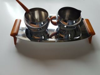 Stainless Steel Mid Century Bakelite Handle Cream And Sugar Set With Tray Vtg