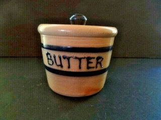 Vintage Pottery Stoneware Butter Crock With Lid Blue & White Shadowlawn Wi