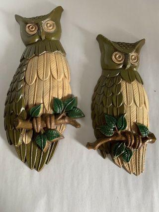 Vintage Sexton Owls Set Of 2 1969 Green Cast Aluminum 13.  5” 11”