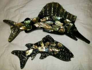 Retro Swordfish Fish Wall Plaque Abalone Shells Lucite Acrylic Large