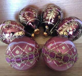 Vintage Burgundy Maroon Glass Gold Glitter Ornaments Teardrops & Balls