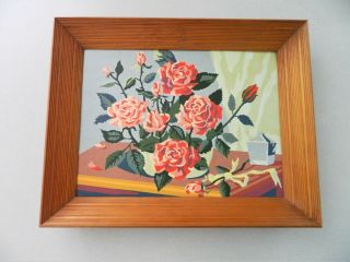 Pbn Framed Still Life Red Rose Vase Floral Living Room Art Painting Mcm Vtg 50s