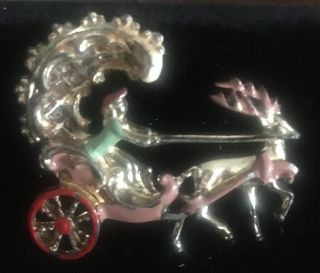 Vintage Horse And Carriage Pin Brooch Enamel Pink Red Gold Looks Very Old