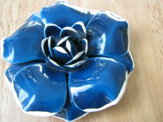 Vintage Blue And White Enamel Floral Flower Brooch Pin