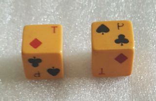 Pair Yellow Bakelite Catalin Game Put And Take Dice With Card Suits