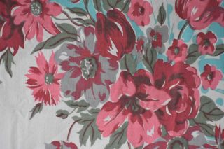 Vintage Mid Century Cotton Tablecloth Large White Pink Blue Flowers Border