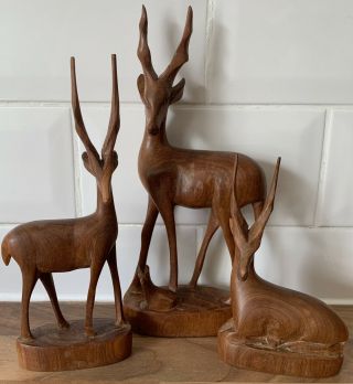 Vintage Retro Three Hand Carved Wooden Antelope Deer Reindeer