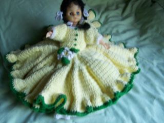Vintage Crochet Decorative Bed Pillow Doll Ruffle Dress Yellow/green/petticoat