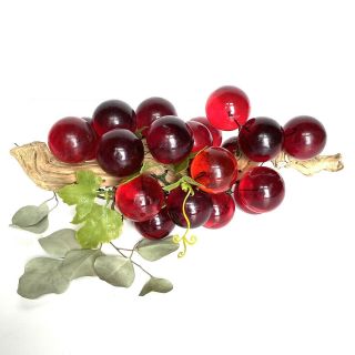 Vintage Lucite Red Glass Grapes On Driftwood Stem Retro,  Mid - Century 50’s 60’s