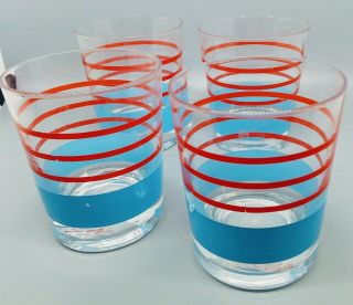 Set Of 4 Vintage Mid Century Modern Red And Blue Double Old Fashioned Glasses