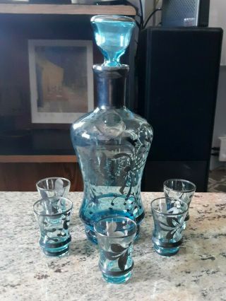 Vintage Blue Glass With Silver Overlay Designs Decanter W/stopper & Five Glasses