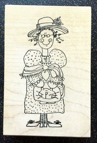Vintage Rubber Stamp " Lady With Kitty Purse " By Imaginations 4 1/2 X 3 "