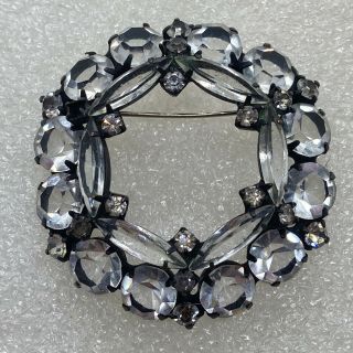 Vintage Floral Round Brooch Pin Navette Glass Rhinestone Black Tone Jewelry