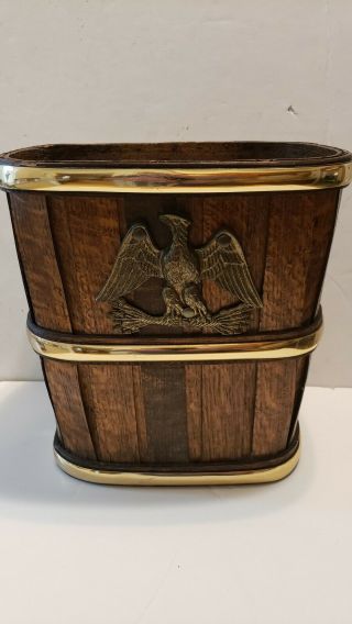Vintage Oak Wood Slat Wastebasket Office Desk Trash Can Brass Eagle Emblem
