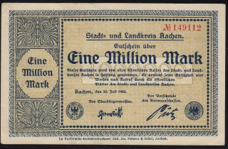 1923 1 Million Mark Aachen Germany Old Vintage Emergency Paper Money Banknote Xf
