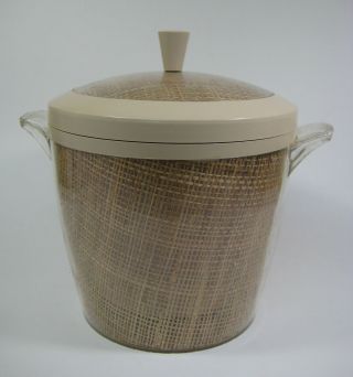 Vintage Raffia Ware Plastic Ice Bucket With Lid Straw Burlap Mcm Midcentury