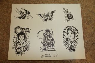 Vintage 1976 Picture Machine Tattoo Flash Sheet Geisha,  Flowers,  Elephant 127